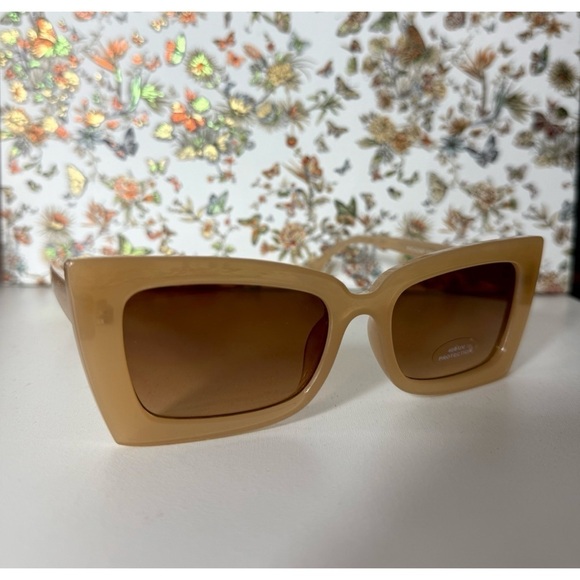 Women's Beige Nude Narrow Cat Eye Rectangle Modern Sunglasses 400 UV Protection - Picture 3 of 7